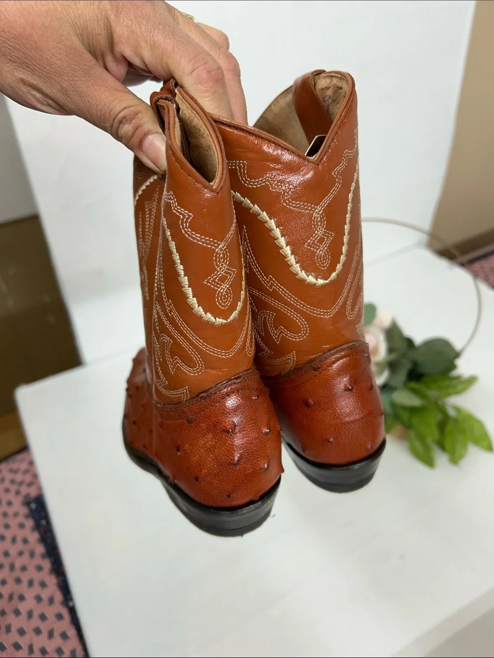 Kids Brown Ostrich-Textured Western Ankle Boots